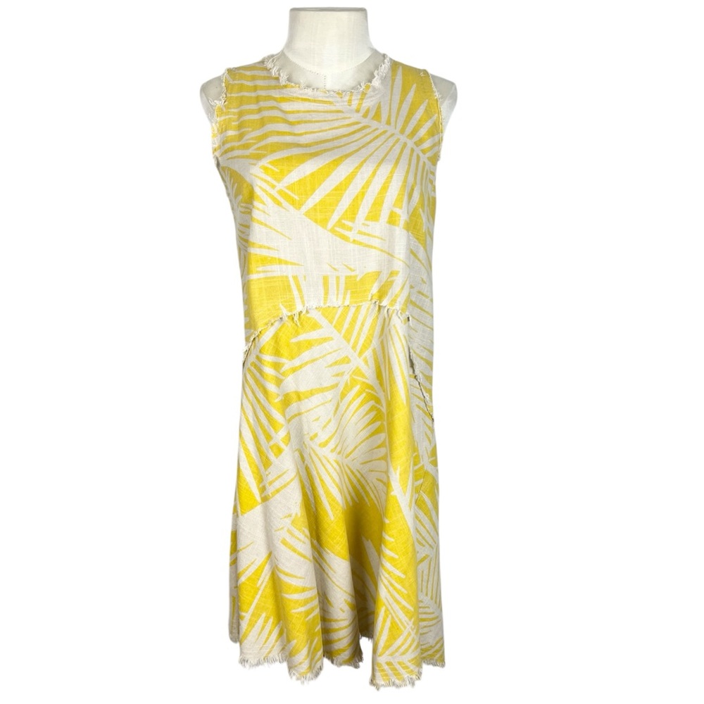 Mo:Vint Yellow Palm‎ Print Linen Blend A Line Dress Anthropologie raw edge XS
